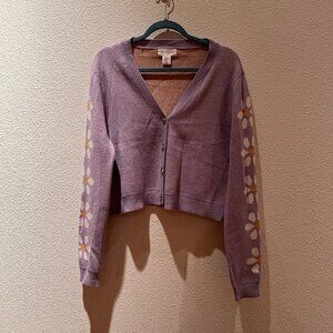 Jessica Simpson  Cropped Cardigan Sweater Purple Daisy Sleeve